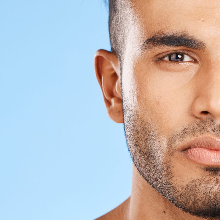 Health, skincare and portrait of man blue background with mockup, advertising space or product plac.